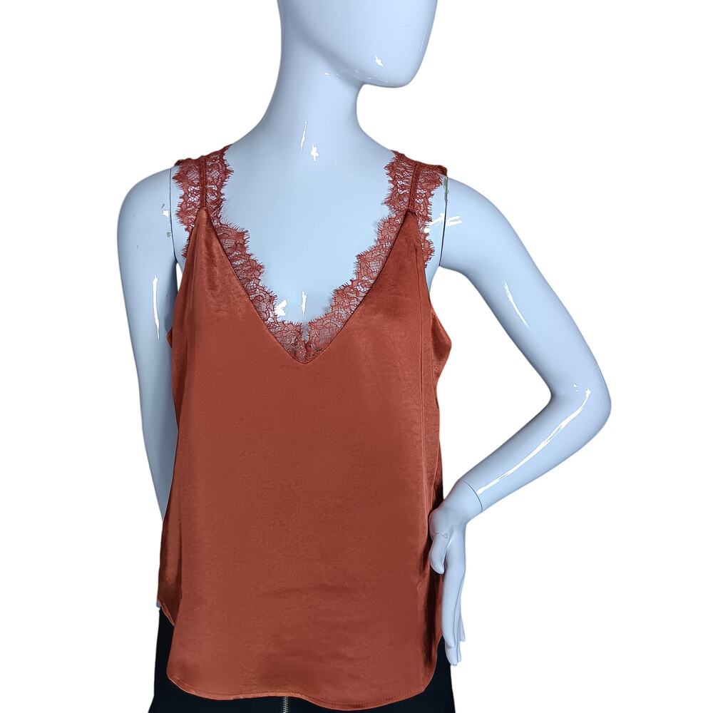 The POST Satin Camisole Size Small Brown Lace Trim Around Neckline Fully Lined